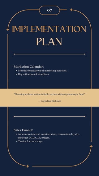 07
IMPLEMENTATION
Monthly breakdown of marketing activities.
Key milestones & deadlines.
Marketing Calendar:
Awareness, interest, consideration, conversion, loyalty,
Tactics for each stage.
Sales Funnel:
advocacy (AIDA_LA) stages.
"Planning without action is futile; action without planning is fatal."
— Cornelius Fichtner
PLAN
 