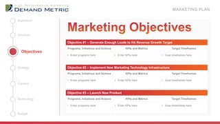 MARKETING PLAN
Objective #1 – Generate Enough Leads to Hit Revenue Growth Target
Programs, Initiatives and Actions KPIs and Metrics Target Timeframes
• Enter programs here • Enter KPIs here • Goal timeframes here
Objective #2 – Implement New Marketing Technology Infrastructure
Programs, Initiatives and Actions KPIs and Metrics Target Timeframes
• Enter programs here • Enter KPIs here • Goal timeframes here
Objective #3 – Launch New Product
Programs, Initiatives and Actions KPIs and Metrics Target Timeframes
• Enter programs here • Enter KPIs here • Goal timeframes here
Situation
Aspiration
Budget
Technology
Content
Strategy
 