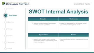 MARKETING PLAN
Strengths Weaknesses
• Describe your key strengths as a business
including your core capabilities.
• Outline any weaknesses that are currently holding
you back from achieving better results.
Opportunities Threats
• Based on your strengths, outline any new
opportunities that your organization is poised
to take advantage of.
• Document the key risks your organization is currently
facing.
Aspiration
Budget
Technology
Content
Strategy
Objectives
 