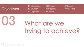 01 Introduction   04 Strategy   07 Budget
Objectives    02 Situation      05 Programs   08 Reporting
              03 Objectives     06 Tactics




03           What are we
             trying to achieve?
 