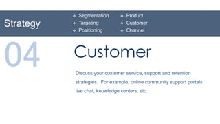    Segmentation        Product
Strategy      Targeting           Customer
              Positioning         Channel




04         Customer
           Discuss your customer service, support and retention
           strategies. For example, online community support portals,
           live chat, knowledge centers, etc.
 