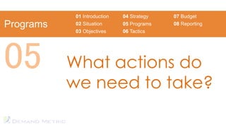 01 Introduction   04 Strategy   07 Budget
Programs    02 Situation      05 Programs   08 Reporting
            03 Objectives     06 Tactics




05         What actions do
           we need to take?
 