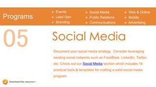    Events              Social Media              Web & Online
Programs                       Lead Gen            Public Relations          Mobile
                               Branding            Communications            Advertising




05                          Social Media
                            Document your social media strategy. Consider leveraging
                            existing social networks such as FaceBook, LinkedIn, Twitter,
                            etc. Check out our Social Media section which includes 16
                            practical tools & templates for crafting a solid social media
                            program.
 Download this resource >
 