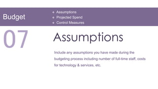    Assumptions
Budget      Projected Spend
            Control Measures




07       Assumptions
         Include any assumptions you have made during the
         budgeting process including number of full-time staff, costs
         for technology & services, etc.
 