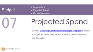    Assumptions
Budget                         Projected Spend
                               Control Measures




07                          Projected Spend
                            Use our Marketing Communications Budget Template to create
                            a budget and enter the total and specific top-level line items
                            into this slide.




 Download this resource >
 
