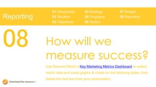 01 Introduction       04 Strategy            07 Budget
Reporting                       02 Situation          05 Programs            08 Reporting
                                03 Objectives         06 Tactics




08                          How will we
                            measure success?
                            Use Demand Metric’s Key Marketing Metrics Dashboard to collect
                            metric data and insert graphs & charts for the following slides; then
                            delete this text box from your presentation.
 Download this resource >
 