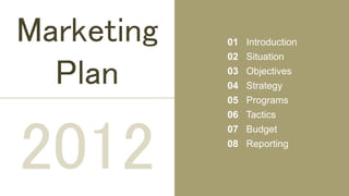 Marketing   01   Introduction
            02   Situation

  Plan      03
            04
                 Objectives
                 Strategy
            05   Programs
            06   Tactics




2012
            07   Budget
            08   Reporting
 
