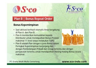 Plan B | Bonus Repeat Order
Bonus Kepemimpinan
• Saat aktivasi berhasil otomatis Anda bergabung
  di Plan A dan Plan B.
• Plan A memberikan kemudahan kepada
  Distributor untuk mendapatkan Bonus Prestasi
  maksimal 11 level tanpa melakukan TUPO.
• Plan B adalah Plan dengan 6 jenis Bonus dalam
  Peringkat Kepemimpinan berjenjang dan
  dengan Pembelanjaan Pribadi dan Group tertentu dan dengan
  persyaratan tertentu untuk mendapatkan masing-masing Bonus secara
  maksimal.
 