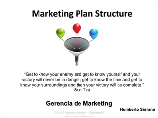 ©2013 Humberto Serrano - @ghserrano
ghserrano@yahoo.com
Marketing Plan Structure
“Get to know your enemy and get to know yourself and your
victory will never be in danger; get to know the time and get to
know your surroundings and then your victory will be complete.”
Sun Tzu
Humberto Serrano
Gerencia de Marketing
 