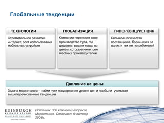 Глобальные тенденции

  ТЕХНОЛОГИИ                     ГЛОБАЛИЗАЦИЯ                   ГИПЕРКОНЦУРЕНЦИЯ
Стремительное развитие         Компании переносят свое        Большое количество
интернет, рост использования   производство туда, где         поставщиков, борющихся за
мобильных устройств            дешевле, ввозят товар по       одних и тех же потребителей
                               ценам, которые ниже цен
                               местных производителей




                                   Давление на цены
Задача маркетолога – найти пути поддержания уровня цен и прибыли учитывая
вышеперечисленные тенденции



                 Источник: 300 ключевых вопросов
                 Маркетинга. Отвечает Ф.Котлер
                 2008г.
 