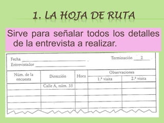 1. LA HOJA DE RUTA
Sirve para señalar todos los detalles
 de la entrevista a realizar.
 