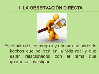 1. LA OBSERVACIÓN DIRECTA




Es el acto de contemplar y anotar una serie de
  hechos que ocurren en la vida real y que
  están relacionados con el tema que
  queremos investigar.
 