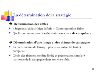 La détermination de la stratégie     Détermination des cibles  « Segments-cibles » bien définis = Communication fiable. Quelle communication ?  « de maintien »  ou  « de conquête »  .    Détermination d’une image et des thèmes de campagne   La construction de l’image : processus subjectif, lent et complexe. Choix des thèmes: nombre limité et présentation simple + harmonie de la campagne dans son ensemble. 