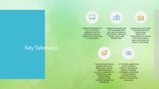 KeyTakeways
MARKETING REFERS TO
ALL ACTIVITIES A
COMPANY DOES TO
PROMOTE AND SELL
PRODUCTS OR SERVICES
TO CONSUMERS.
MARKETING MAKES USE
OF THE "MARKETING
MIX," ALSO KNOWN AS
THE FOUR PS—PRODUCT,
PRICE, PLACE, AND
PROMOTION.
MARKETING USED TO BE
CENTERED AROUND
TRADITIONAL
MARKETING
TECHNIQUES INCLUDING
TELEVISION, RADIO,
MAIL, AND WORD-OF-
MOUTH STRATEGIES.
THOUGH TRADITIONAL
MARKETING IS STILL
PREVALENT, DIGITAL
MARKETING NOW
ALLOWS COMPANIES TO
ENGAGE IN E-MAIL,
SOCIAL MEDIA,
AFFILIATE, AND
CONTENT MARKETING
STRATEGIES.
AT ITS CORE, MARKETING
SEEKS TO TAKE A
PRODUCT OR SERVICE,
IDENTIFY ITS IDEAL
CUSTOMERS, AND DRAW
THE CUSTOMERS'
ATTENTION TO THE
PRODUCT OR SERVICE
AVAILABLE.
 