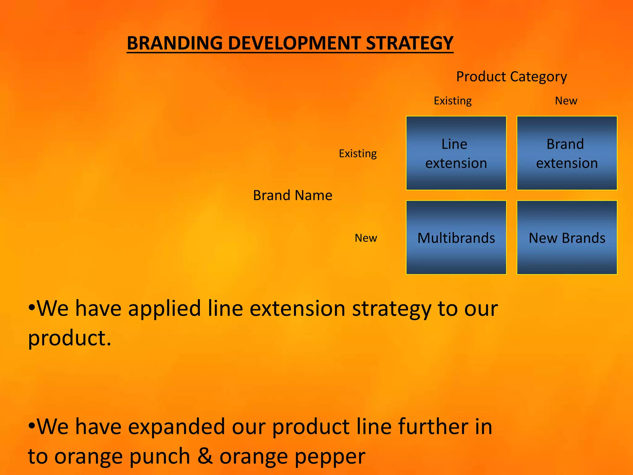 BRANDING DEVELOPMENT STRATEGY
•We have applied line extension strategy to our
product.
•We have expanded our product line further in
to orange punch & orange pepper
Line
extension
Multibrands New Brands
Brand
extension
Existing
New
Existing
New
Product Category
Brand Name
 