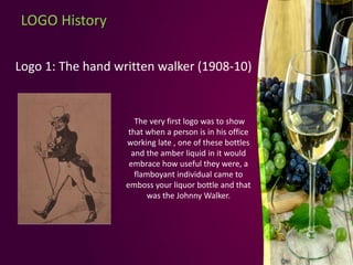 LOGO History
Logo 1: The hand written walker (1908-10)
The very first logo was to show
that when a person is in his office
working late , one of these bottles
and the amber liquid in it would
embrace how useful they were, a
flamboyant individual came to
emboss your liquor bottle and that
was the Johnny Walker.
 