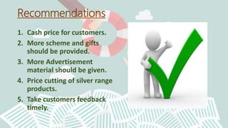 Recommendations
1. Cash price for customers.
2. More scheme and gifts
should be provided.
3. More Advertisement
material should be given.
4. Price cutting of silver range
products.
5. Take customers feedback
timely.
 