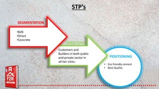 •B2B
•Direct
•Concrete
Customers and
Builders in both public
and private sector in
all tier cities.
• Eco friendly cement
• Best Quality
SEGMENTATION
TARGETING
POSITIONING
STP’s
 