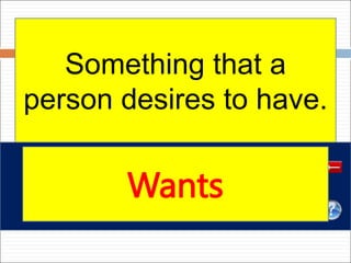 Something that a
person desires to have.
Wants
 