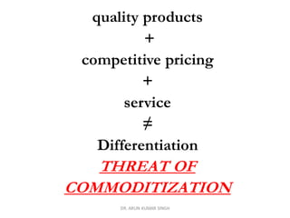 quality products
+
competitive pricing
+
service
≠
Differentiation
THREAT OF
COMMODITIZATION
DR. ARUN KUMAR SINGH
 