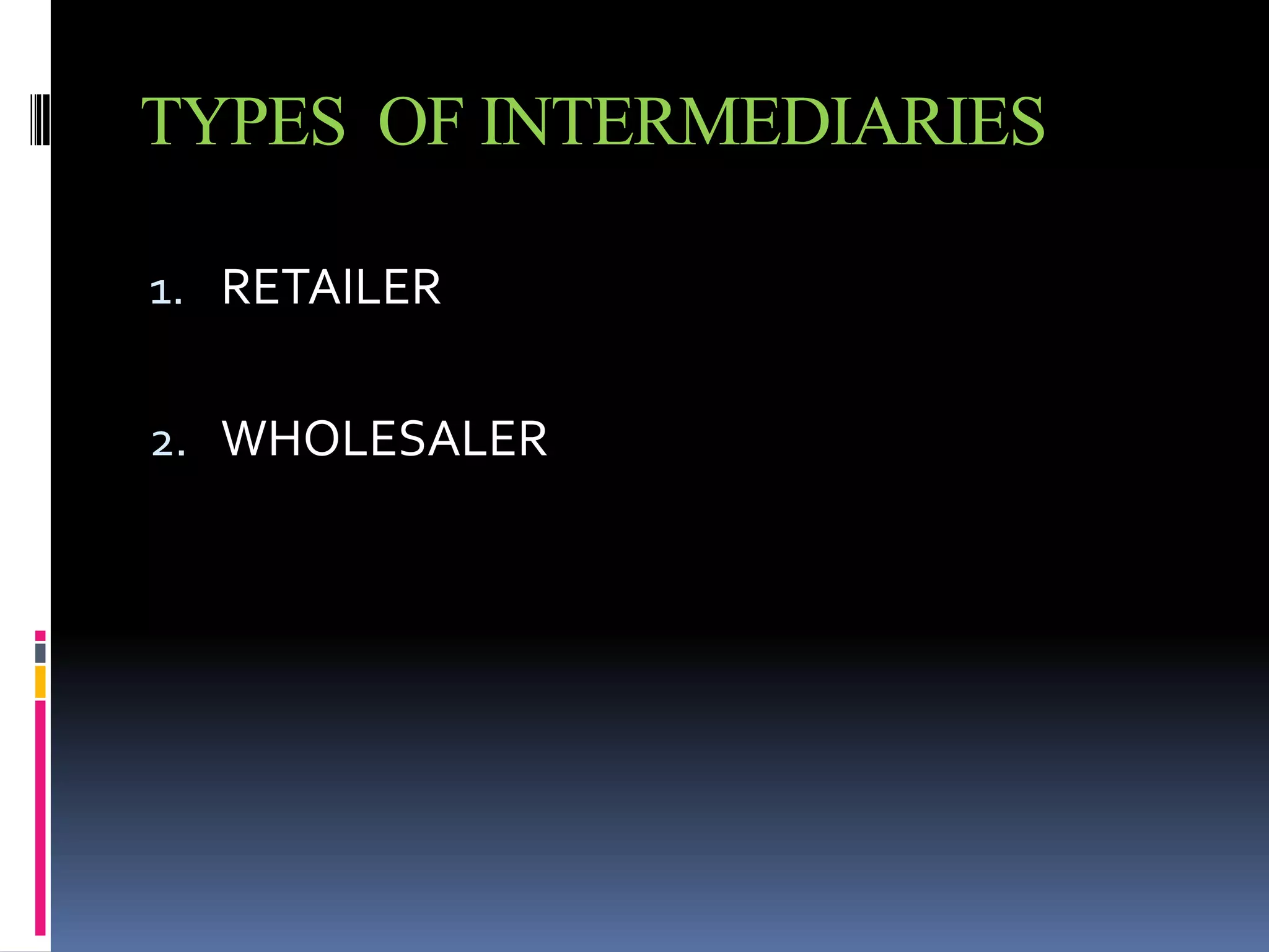 TYPES OF INTERMEDIARIES

1. RETAILER


2. WHOLESALER
 