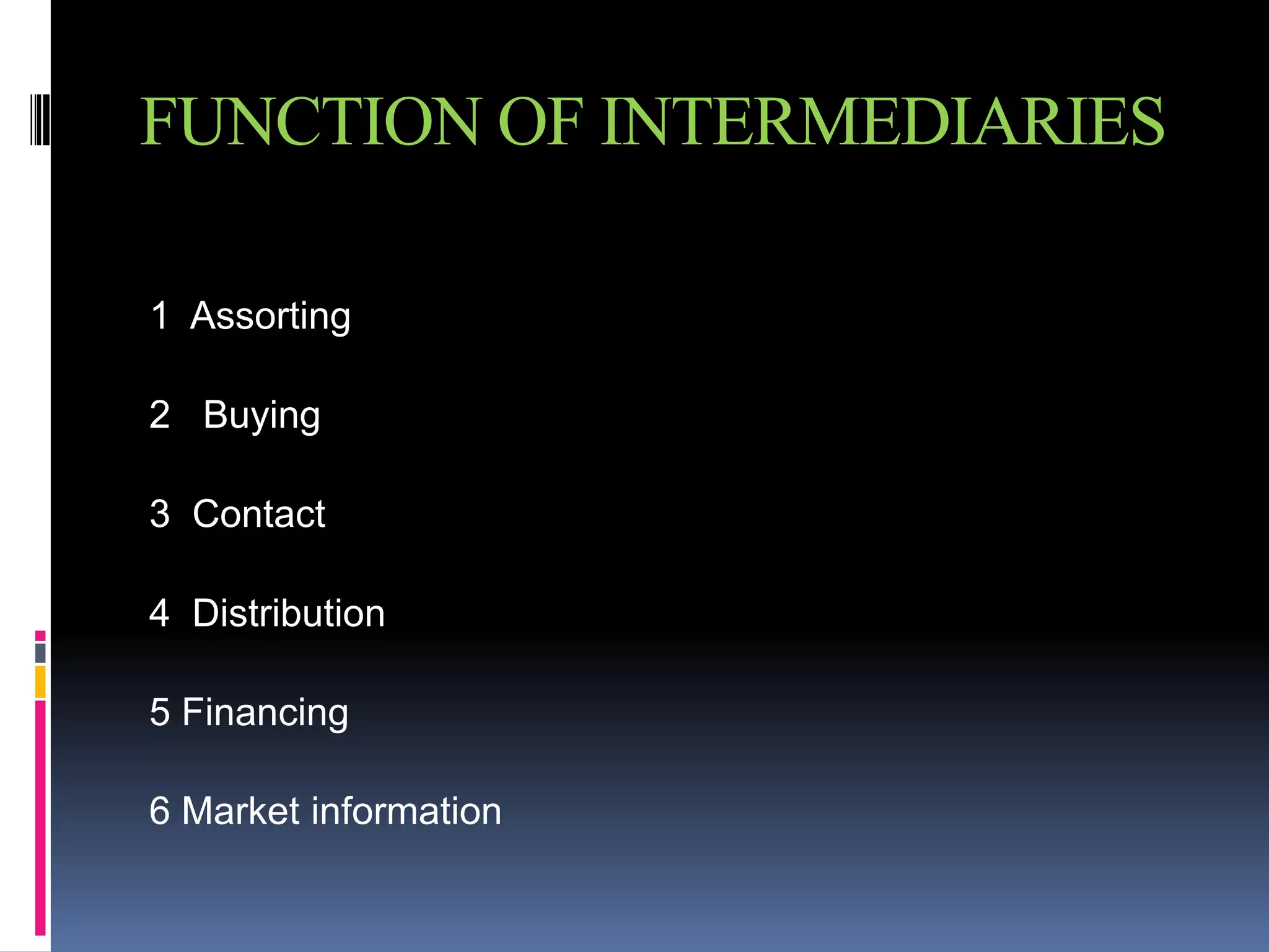 FUNCTION OF INTERMEDIARIES

1 Assorting

2 Buying

3 Contact

4 Distribution

5 Financing

6 Market information
 