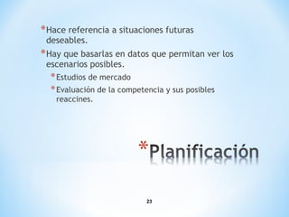 23
*Hace referencia a situaciones futuras
deseables.
*Hay que basarlas en datos que permitan ver los
escenarios posibles.
*Estudios de mercado
*Evaluación de la competencia y sus posibles
reaccines.
 