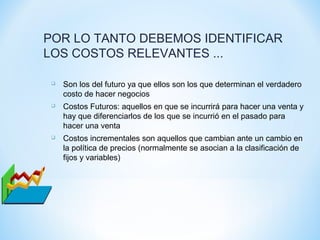 POR LO TANTO DEBEMOS IDENTIFICAR
LOS COSTOS RELEVANTES ...
 Son los del futuro ya que ellos son los que determinan el verdadero
costo de hacer negocios
 Costos Futuros: aquellos en que se incurrirá para hacer una venta y
hay que diferenciarlos de los que se incurrió en el pasado para
hacer una venta
 Costos incrementales son aquellos que cambian ante un cambio en
la política de precios (normalmente se asocian a la clasificación de
fijos y variables)
 