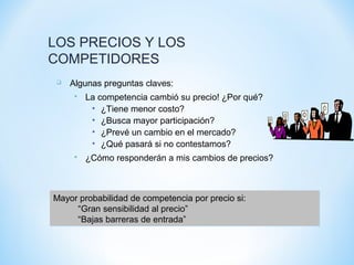 LOS PRECIOS Y LOS
COMPETIDORES
 Algunas preguntas claves:
 La competencia cambió su precio! ¿Por qué?
• ¿Tiene menor costo?
• ¿Busca mayor participación?
• ¿Prevé un cambio en el mercado?
• ¿Qué pasará si no contestamos?
 ¿Cómo responderán a mis cambios de precios?
Mayor probabilidad de competencia por precio si:
“Gran sensibilidad al precio”
“Bajas barreras de entrada”
Mayor probabilidad de competencia por precio si:
“Gran sensibilidad al precio”
“Bajas barreras de entrada”
 