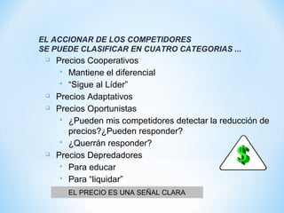  Precios Cooperativos
 Mantiene el diferencial
 “Sigue al Líder”
 Precios Adaptativos
 Precios Oportunistas
 ¿Pueden mis competidores detectar la reducción de
precios?¿Pueden responder?
 ¿Querrán responder?
 Precios Depredadores
 Para educar
 Para “liquidar”
EL ACCIONAR DE LOS COMPETIDORES
SE PUEDE CLASIFICAR EN CUATRO CATEGORIAS ...
EL PRECIO ES UNA SEÑAL CLARAEL PRECIO ES UNA SEÑAL CLARA
 