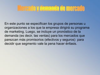 Analisis de la situacionEn ésta parte se incluye normalmente un análisis de las fuerzas externas que pueden afectar a la empresa, los grupos de consumidores que atiende la compañía, las estrategias para satisfacerlos y las medidas fundamentales del desempeño de marketing. FODA (Fortalezas, Oportunidades, Debilidades y Amenazas) es una herramienta de análisis estratégico, que permite analizar elementos internos o externos de programas y proyectos.