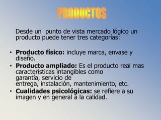    Desde un  punto de vista mercado lógico un producto puede tener tres categorías:Producto físico: incluye marca, envase y diseño.Producto ampliado: Es el producto real mas características intangibles como garantía, servicio de entrega, instalación, mantenimiento, etc.Cualidades psicológicas: se refiere a su imagen y en general a la calidad.PRODUCTOS