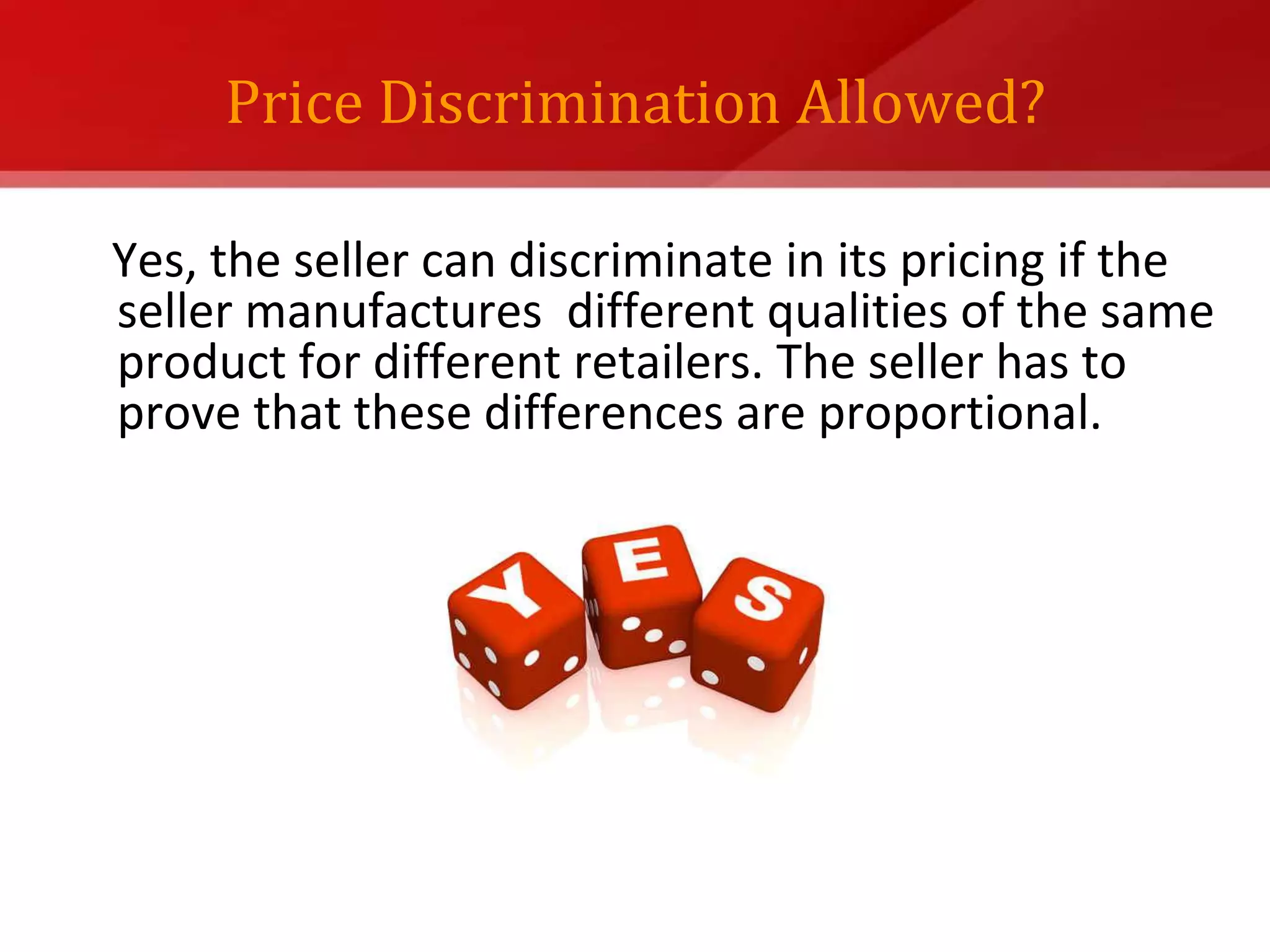 One alternative is to collude and set prices at or near monopoly level---thus increase total profits to be shared. PRICING WITHIN CHANNEL LEVELS2. PREDATORY PRICINGThis is to sell below cost with the intention of punishing a competitor or gaining higher long-run profits by putting competitors out of business. 