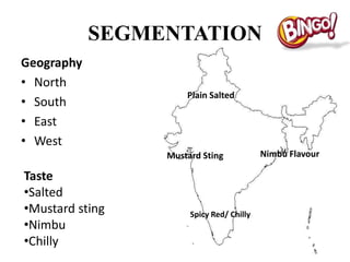SEGMENTATION
Geography
• North
                     Plain Salted
• South
• East
• West
                 Mustard Sting            Nimbu Flavour

Taste
•Salted
•Mustard sting        Spicy Red/ Chilly
•Nimbu
•Chilly
 