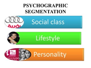 PSYCHOGRAPHIC
 SEGMENTATION

  Social class

   Lifestyle

   Personality
 