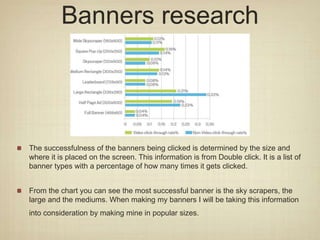 Banners research
The successfulness of the banners being clicked is determined by the size and
where it is placed on the screen. This information is from Double click. It is a list of
banner types with a percentage of how many times it gets clicked.
From the chart you can see the most successful banner is the sky scrapers, the
large and the mediums. When making my banners I will be taking this information
into consideration by making mine in popular sizes.
 