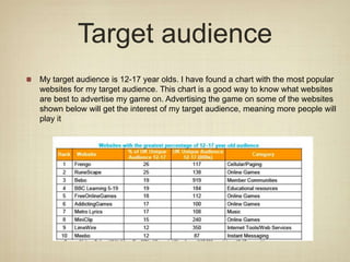 Target audience
My target audience is 12-17 year olds. I have found a chart with the most popular
websites for my target audience. This chart is a good way to know what websites
are best to advertise my game on. Advertising the game on some of the websites
shown below will get the interest of my target audience, meaning more people will
play it
 