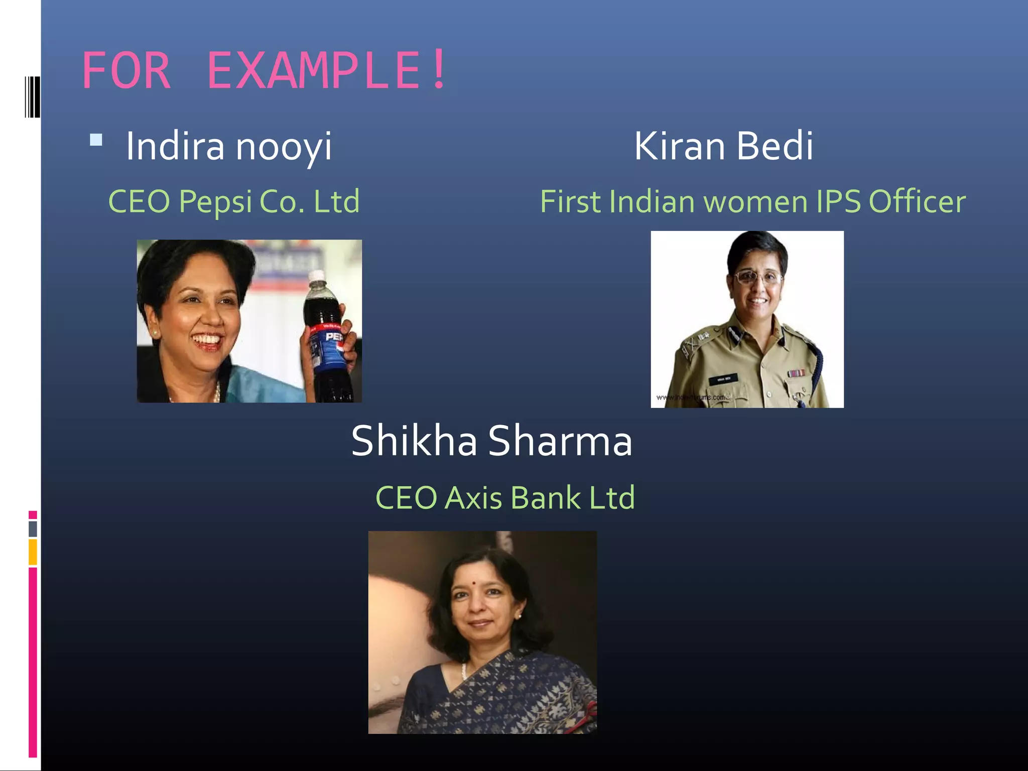 FOR EXAMPLE!
 Indira nooyi Kiran Bedi
CEO Pepsi Co. Ltd First Indian women IPS Officer
Shikha Sharma
CEO Axis Bank Ltd
 