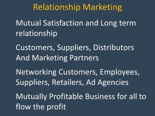 Relationship Marketing
Mutual Satisfaction and Long term
relationship
Customers, Suppliers, Distributors
And Marketing Partners
Networking Customers, Employees,
Suppliers, Retailers, Ad Agencies
Mutually Profitable Business for all to
flow the profit
 