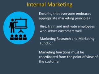 Internal Marketing
Ensuring that everyone embraces
appropriate marketing principles
Hire, train and motivate employees
who serves customers well
Marketing Research and Marketing
Function
Marketing functions must be
coordinated from the point of view of
the customer
 