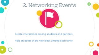 2. Networking Events
Create interactions among students and partners.
Help students share new ideas among each other.
 