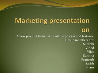 A new product launch with all the process and features.
                                  Group members are:
                                               Surabhi
                                                 Vinod
                                                  Vijay
                                               Sunitha
                                             Praneeth
                                                 Satish
                                                 Sharu
 