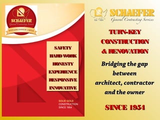 TURN-KEYTURN-KEY
CONSTRUCTIONCONSTRUCTION
& RENOVATION& RENOVATION
Bridging the gapBridging the gap
betweenbetween
architect, contractorarchitect, contractor
and the ownerand the owner
SINCE 1954SINCE 1954
SAFETYSAFETY
HARDWORKHARDWORK
HONESTYHONESTY
EXPERIENCEEXPERIENCE
RESPONSIVERESPONSIVE
INNOVATIVEINNOVATIVE
SAFETYSAFETY
HARDWORKHARDWORK
HONESTYHONESTY
EXPERIENCEEXPERIENCE
RESPONSIVERESPONSIVE
INNOVATIVEINNOVATIVE
 