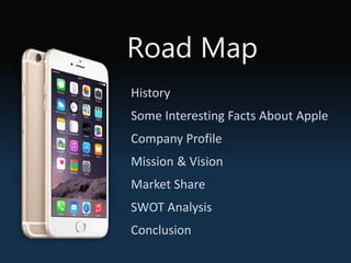 Road Map
History
Some Interesting Facts About Apple
Company Profile
Mission & Vision
Market Share
SWOT Analysis
Conclusion
 