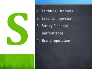 1. Faithful Customers
2. Leading innovator
3. Strong Financial
performance
4. Brand reputation
 