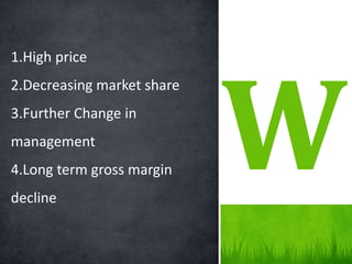 1.High price
2.Decreasing market share
3.Further Change in
management
4.Long term gross margin
decline
 