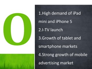 1.High demand of iPad
mini and iPhone 5
2.I-TV launch
3.Growth of tablet and
smartphone markets
4.Strong growth of mobile
advertising market
 
