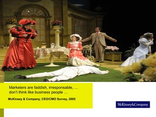 Marketers are faddish, irresponsable, …
don’t think like business people …
McKinsey & Company, CEO/CMO Survey, 2005
 