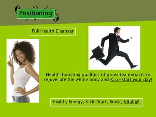 Positioning

    Full Health Cleanser




          Health-boosting qualities of green tea extracts to
         rejuvenate the whole body and Kick-start your day!




              Health, Energy, Kick-Start, Boost, Vitality!
 