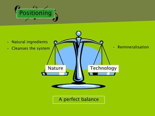 Positioning



• Natural ingredients
• Cleanses the system                            • Remineralisation




                        Nature           Technology




                            A perfect balance
 